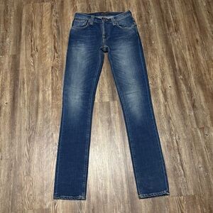 Nudie Slim Straight Jeans Women's 28 Tall Button Fly Dark Wash Designer Denim